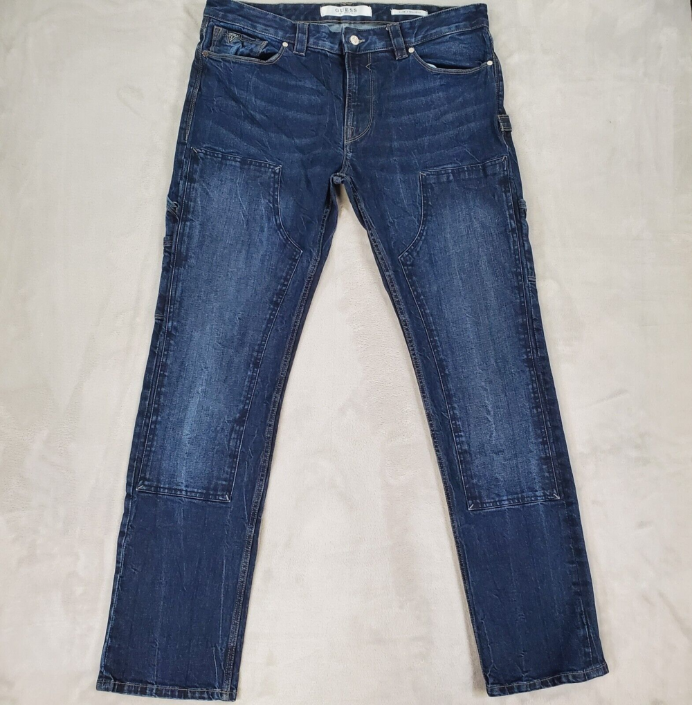 GUESS Carpenter Jeans Men 36x33 Slim Straight Blue Dark Wash Stretch Double Knee